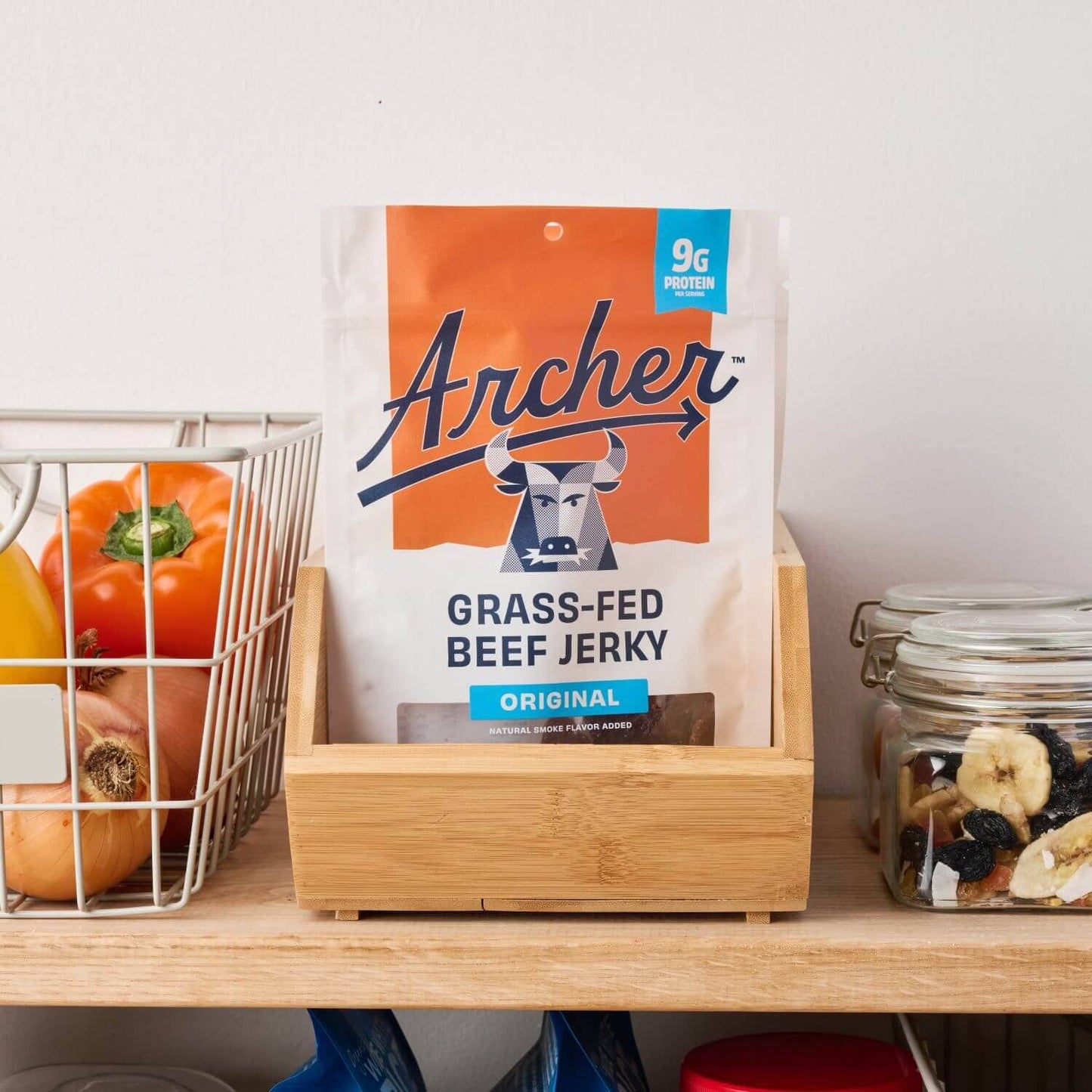 Archer Original Beef Jerky on shelf in pantry