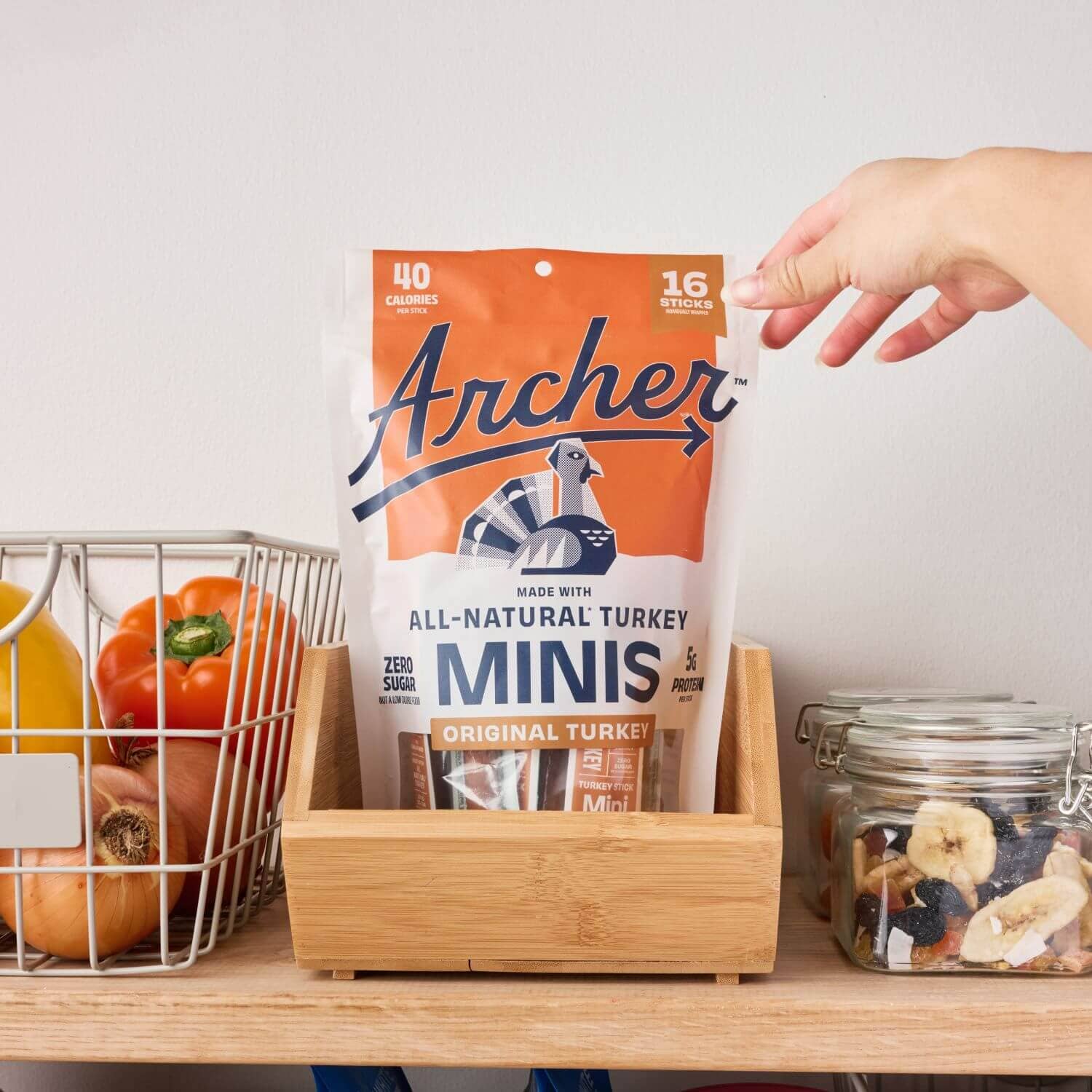 Archer Original Turkey Mini Sticks package on shelf in pantry